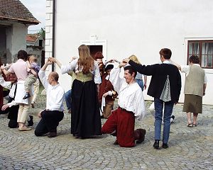 Tnzer und Puplikum proben gemeinsam einen hfischen Tanz